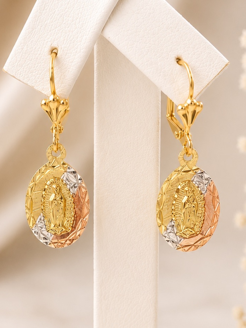 Tri-Color Virgin Mary Drop Earrings - Gold Finish